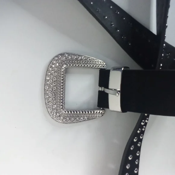 Anthropologie Rhinestone Studded Black Leather Belt Silver Accents Western NWOT - Picture 4 of 10